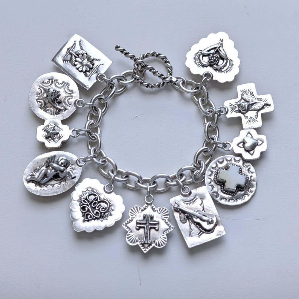 Joan Slifka Sterling 925 Heart Angel Cross Love Luck Charm Two Sided Bracelet